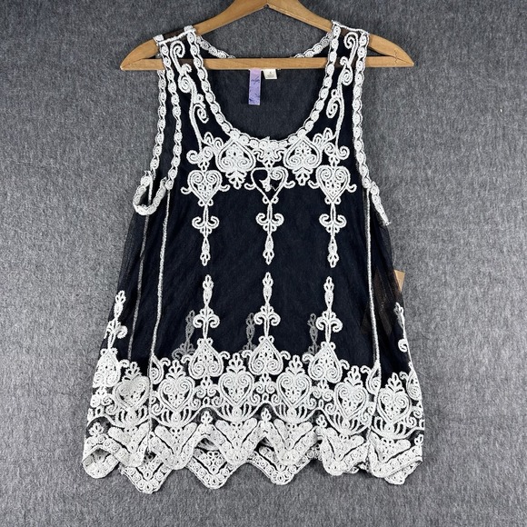 Sheer Black Mesh Sleeveless Top Black White  Embroidered Size S Festival Boho - Picture 1 of 12